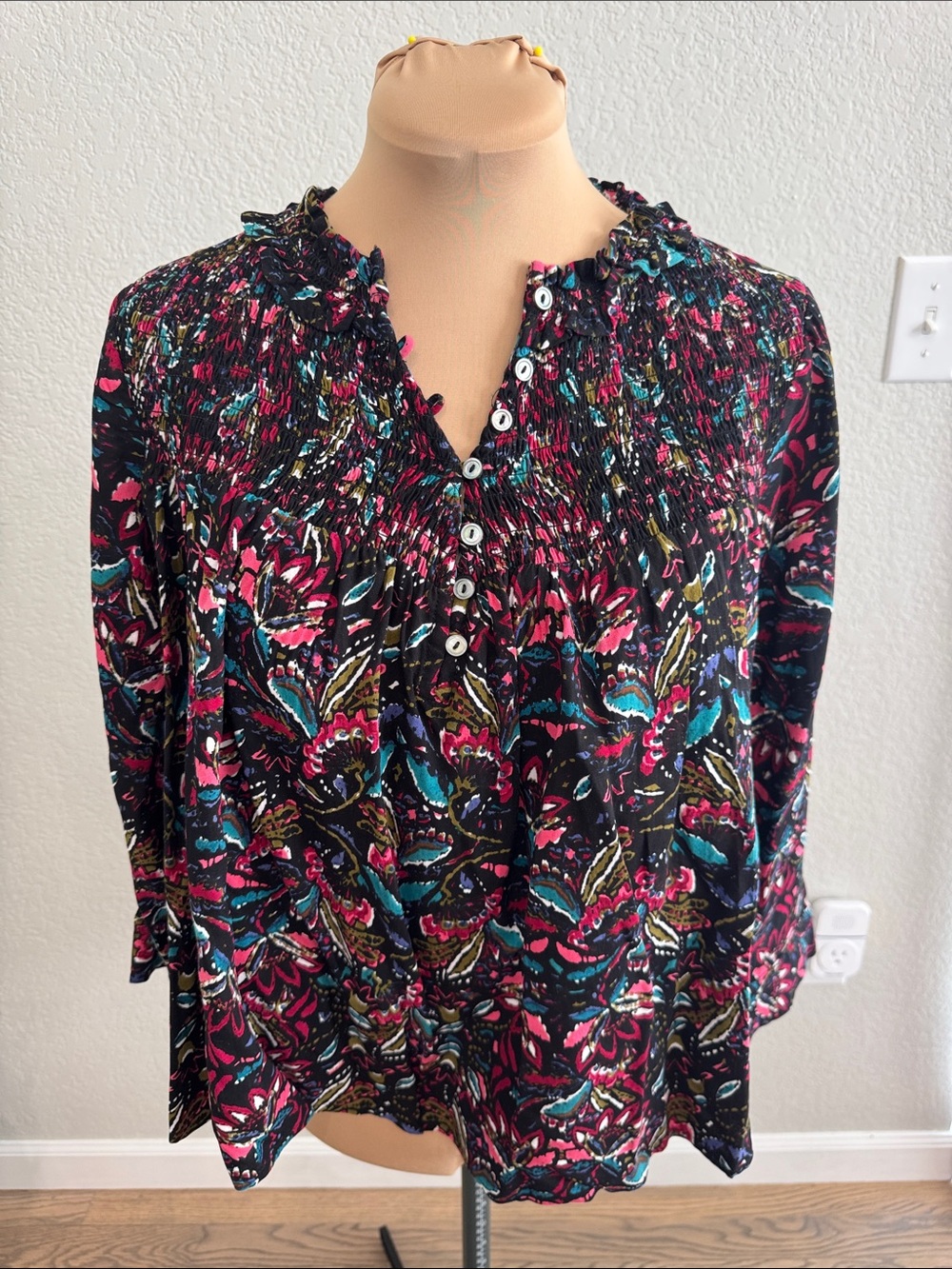 intro. Black Floral Smocked Blouse with Pink & Teal